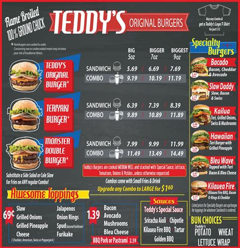 Teddys burger - Honolulu (KHON2) – Teddy’s Bigger Burgers is offering its unique Aloha Burger to those looking to finish its eating challenge. Stacked with four patties, its Bacado burger, Western Burger ...